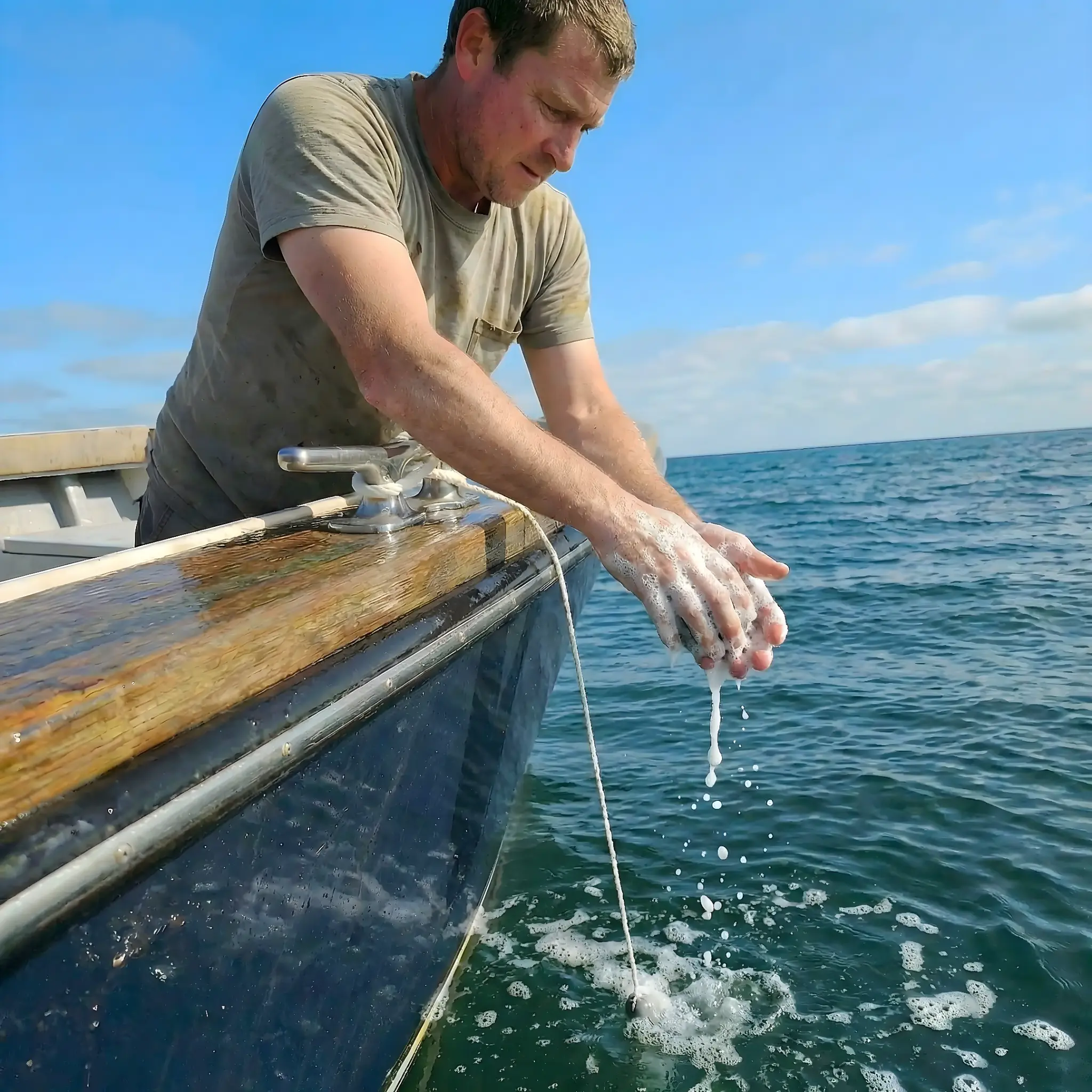 Angler washing hands with High Hooked Soap in saltwater - showing rich lather